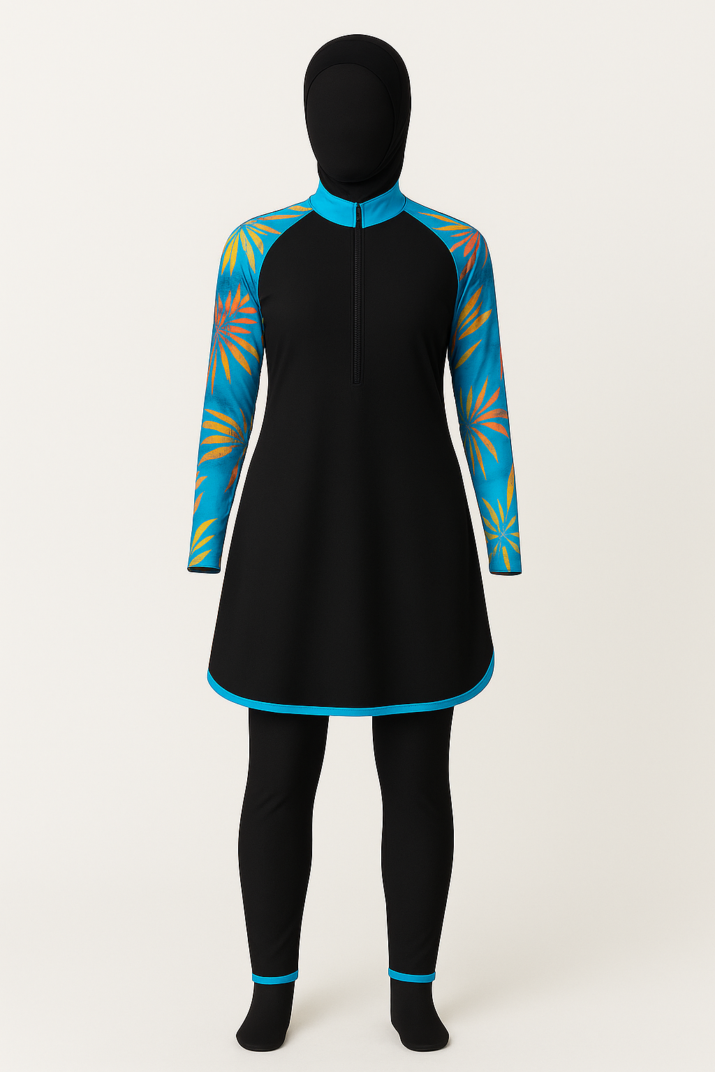 Burkini Hijab Tropical Noir & Bleu 3 pièces