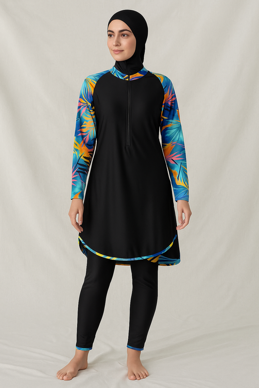 Burkini Hijab Tropical Noir & Bleu 3 pièces